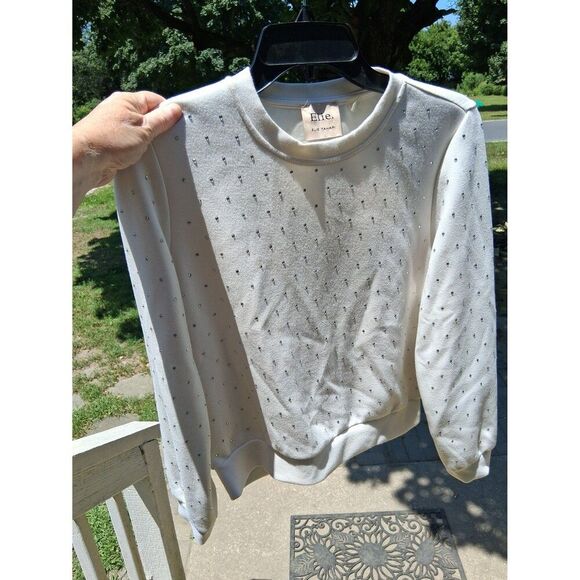 Elie Tahari Ecru Sweater Sweatshirt Embellished Silver Rhinestones S/P - Picture 1 of 6